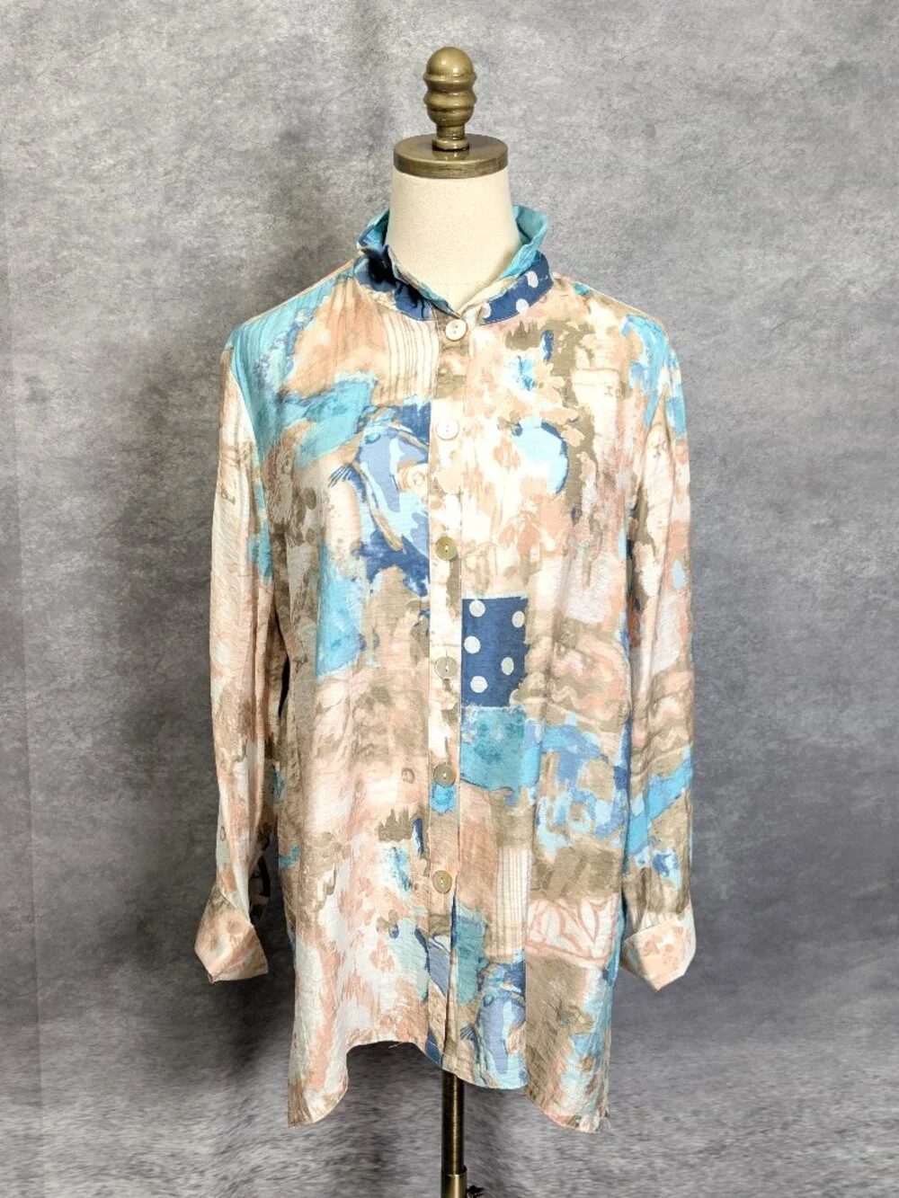 Multiples Wired Collar Tunic Size L Blue Abstract Button Front Shirt Artsy - Picture 1 of 7